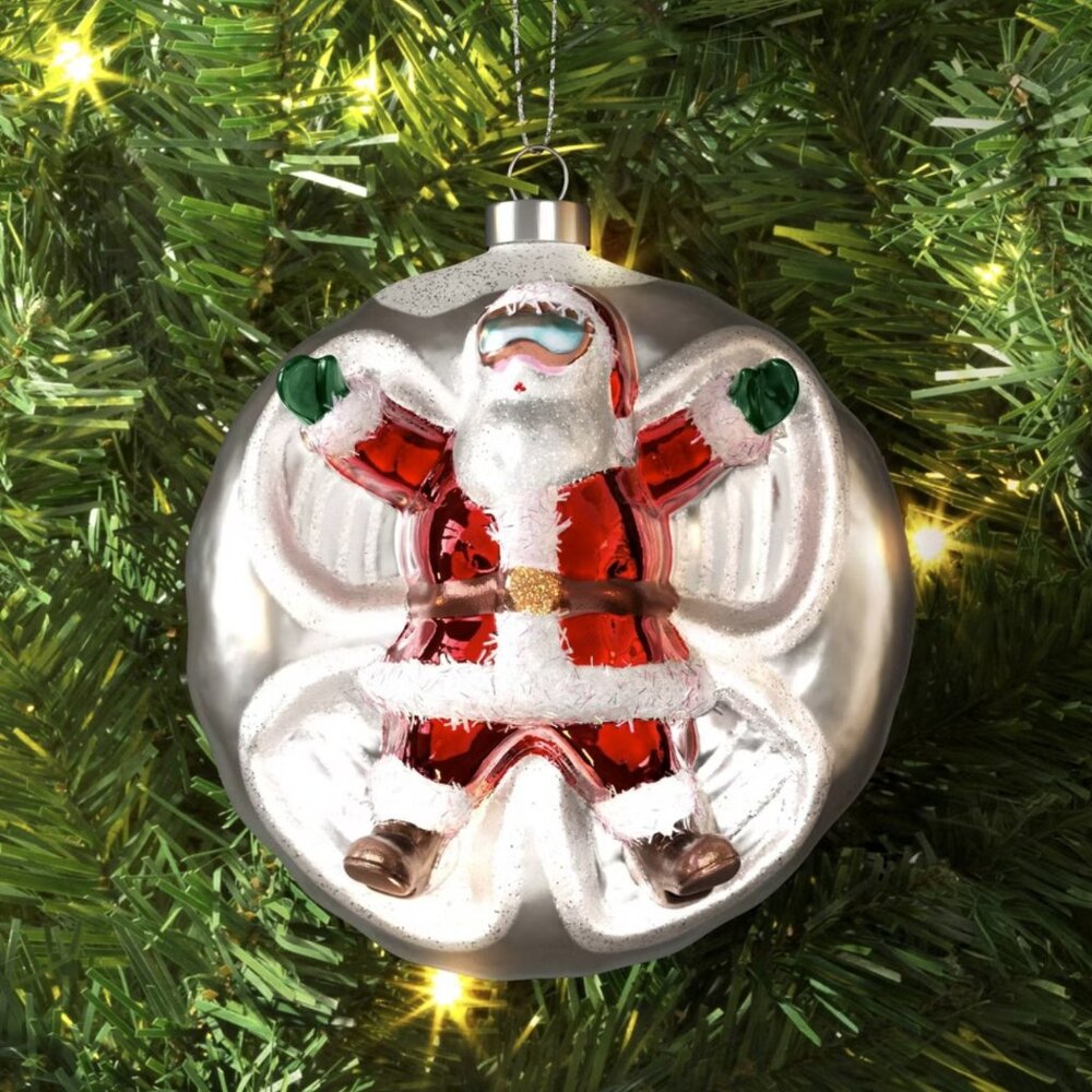 Santa making a Snow Angel Glass Ornament -  Christmas Wondershop * NEW NWT